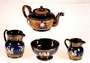 Copper luster teapot, bowl, and pitchers, ca. 1830-1850