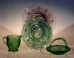 Candy dish, plates, scalloped bowl, bowl, cream pitcher, ca. 1930-1935