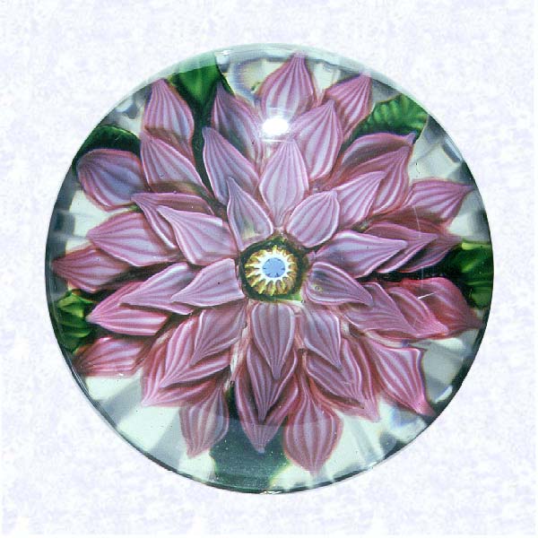 <B>Lampworked Pink Dahlia<BR>France,<BR>Saint Louis, circa 1845-55</B><BR>Diameter: 6.7 cm (2 5/8 inches)<BR>(702431)<BR><BR>Large, pink, lampworked dahlia blossom with four overlapping layers of pink and white striped petals; yellow, white, and blue center cane; six green leaves; star-cut base