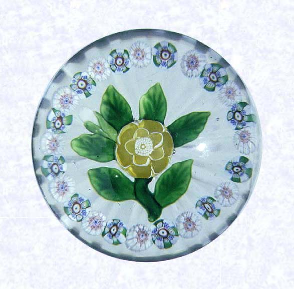 <B>Lampworked Yellow and White Buttercup<BR>France<BR>Baccarat, circa 1845-55</B><BR>Diameter: 6.5 cm (2 1/2 inches)<BR>(702271)<BR><BR>Lampworked yellow buttercup blossom with a white bud; white center cane; six green leaves and stem; encircled by a ring of alternating light green and white millefiori canes; star-cut base