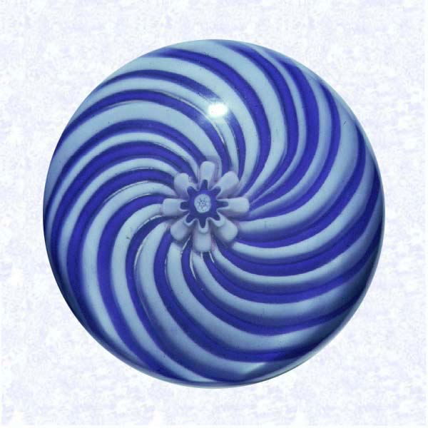 <B>Blue and White Swirl<BR>France<BR>Clichy, circa 1845-55</B><BR>Diameter: 4.5 cm (1 3/4 inches)<BR>(702352)<BR><BR>Miniature swirl weight in two alternating colors (blue and white), around a pink and blue floret center