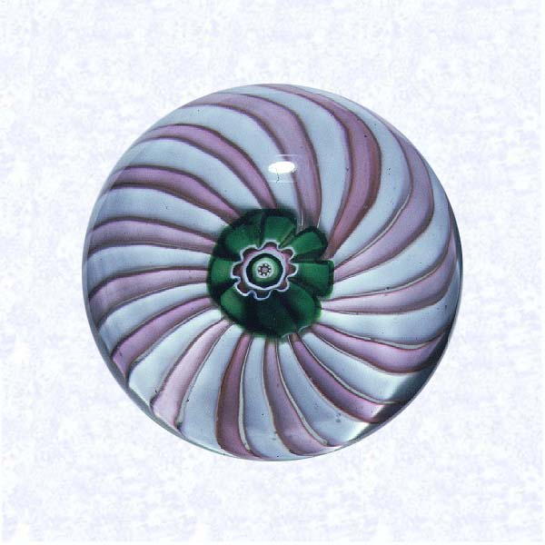 <B>Pink and White Swirl Miniature<BR>France<BR> Clichy, circa 1845-55</B><BR>Diameter: 4.5 cm (1 3/4 inches)<BR>(702360)<BR><BR>Miniature swirl weight in two alternating colors (pink and white), around a large green and pink floret center