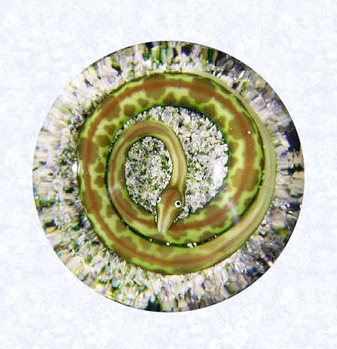 <B>Light-Green Lampworked Snake<BR>France<BR>Baccarat, circa 1845-55</B><BR>Diameter: 7.6 cm (3 inches)<BR>(702427)<BR><BR>Light green lampworked snake with brown mottling; white eyes with black pupils; coiled on a green and tan rock ground