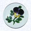 Lampworked Purple PansyFranceBaccarat, circa 1845-55Diameter: 7.3 cm (2 7/8 inches)(702284)Lampworked purple pansy blossom with three purple and yellow lower petals and a purple and yellow bud; nine green leaves and stem; star-cut base