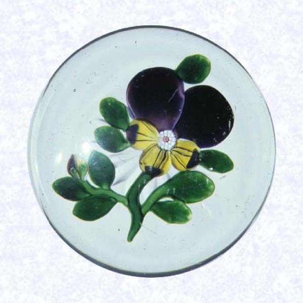 <B>Lampworked Purple Pansy<BR>France<BR>Baccarat, circa 1845-55</B><BR>Diameter: 7.3 cm (2 7/8 inches)<BR>(702284)<BR><BR>Lampworked purple pansy blossom with three purple and yellow lower petals and a purple and yellow bud; nine green leaves and stem; star-cut base