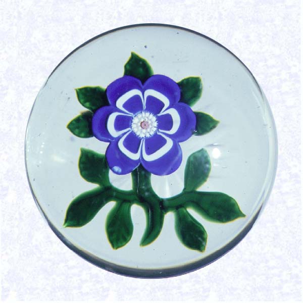 <B>Lampworked Blue and White Banded Primrose<BR>France<BR>Baccarat, circa 1845-55</B><BR>Diameter: 7.6 cm (3 inches)<BR>(702337)<BR><BR>Lampworked deep blue and white banded primrose blossom with a white center cane; eleven green leaves and stem; star-cut base