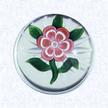 Lampworked Primrose MiniatureFranceBaccarat, circa 1845-55Diameter: 5.1 cm (2 inches)(702342)Miniature weight with a deep pink and white banded primrose blossom with a white center cane; five green leaves and stem; star-cut base