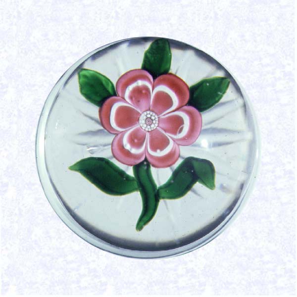 <B>Lampworked Primrose Miniature<BR>France<BR>Baccarat, circa 1845-55</B><BR>Diameter: 5.1 cm (2 inches)<BR>(702342)<BR><BR>Miniature weight with a deep pink and white banded primrose blossom with a white center cane; five green leaves and stem; star-cut base