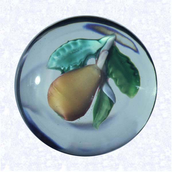 <B>Lampworked Pear Miniature<BR>France<BR>Saint Louis, circa 1845-55</B><BR>Diameter: 4.5 cm (1 3/4 inches)<BR>(702353)<BR><BR>Miniature fruit weight with a lampworked orange pear and three green leaves