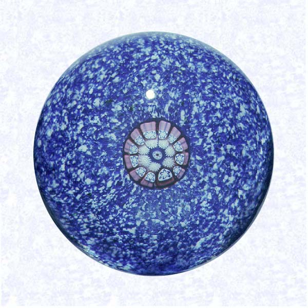 <B>Miniature Single Cane Millefiori<BR>France<BR>Saint Louis, circa 1845-55</B><BR>Diameter: 4.5 cm (1 3/4 inches)<BR>(702408)<BR><BR>Miniature weight with a single red, white, and blue millefiori cane on a blue and white jasper ground