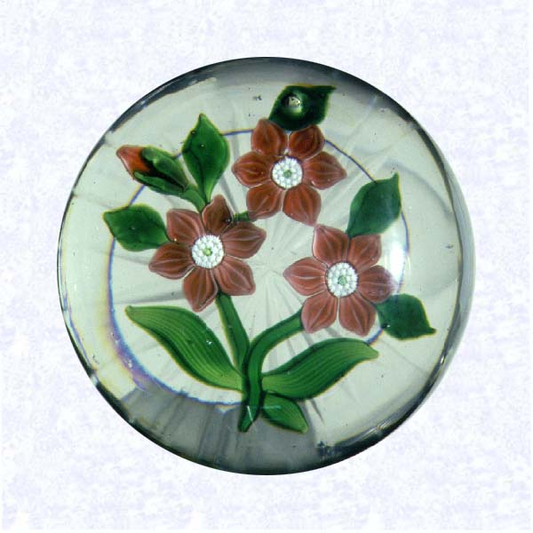 <B>Flat Lampworked Clematis Bouquet<BR>France<BR>Baccarat, circa 1845-55</B><BR>Diameter: 7.6 cm (3 inches)<BR>(702424)<BR><BR>Flat lampworked bouquet of three salmon-colored clematis blossoms with green leaves and stems; star-cut base