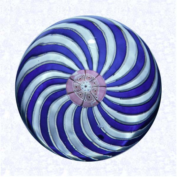 <B>Blue and White Swirl<BR>France<BR>Clichy, circa 1845-55</B><BR>Diameter: 7.3 cm (2 7/8 inches)<BR>(702434)<BR><BR>Swirl weight in two alternating colors (blue and white), around a large pink floret center
