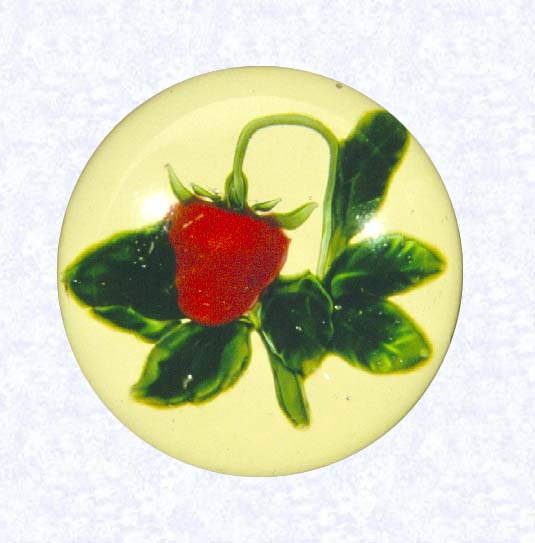 <B>Lampworked Strawberry<BR>France<BR>Pantin (attributed), late-nineteenth century</B><BR>Diameter: 6.7 cm (2 5/8 inches)<BR>(7702445)<BR><BR>Lampworked fruit weight with a rose-pink strawberry on a curved stem with six green leaves