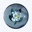 Miniature Lampworked White BlossomFrancePantin (attributed), late-nineteenth centuryDiameter: 4.2 cm (1 5/8 inches)Miniature weight with a white flower blossom resembling a magnolia; deeply cupped petals with a yellow center cane; four dark green leaves and small stem