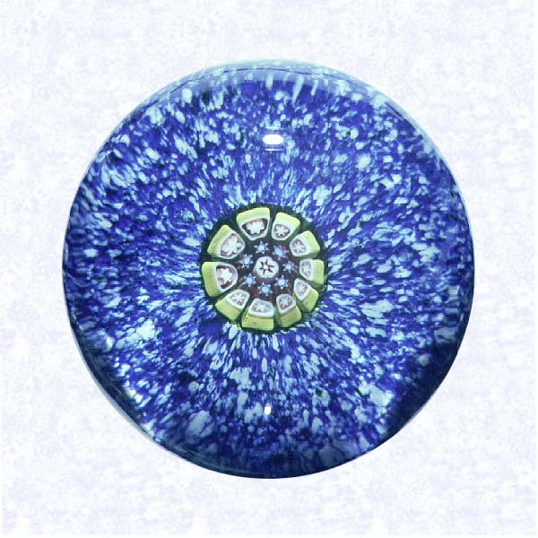 <B>Miniature Single Cane Millefiori<BR>France<BR>Saint Louis, circa 1845-55</B><BR>Diameter: 4.2 cm (1 5/8 inches)<BR>(702449)<BR><BR>Miniature weight with a single chartreuse, pink, and blue millefiori cane on a blue and white jasper ground