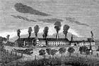View of the Boston & Sandwich Glass Factory, circa 1830PrintThis nineteenth-century print shows seven smokestacks at work at this Cape Cod glass factory.