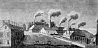 The New England Glass Factory, circa 1820PrintThis nineteenth-century print shows the large chimneystacks that were connected to the glass ovens of this factory.